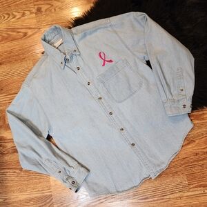 Light Blue Denim Shirt with Pink Breast Cancer Ribbon Womens Size S
